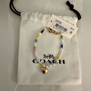 COACH Pearl Heart Flex Gold-Plated Bead Bracelet NEW